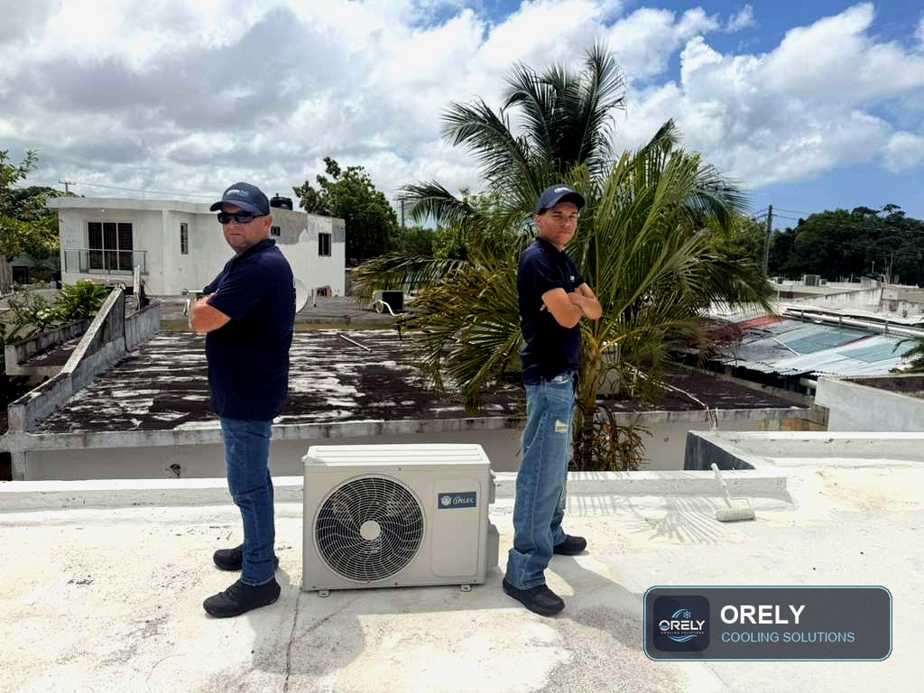 ORELY technicians standing beside an outdoor AC unit